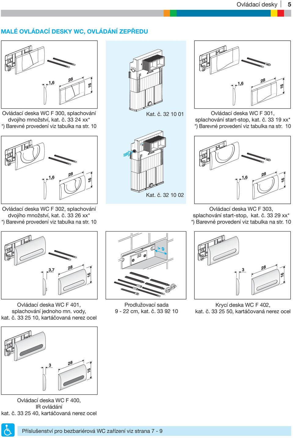 č. 33 29 xx* *) Barevné provedení viz tabulka na str. 10 Ovládací deska WC F 401, splachování jednoho mn. vody, kat. č. 33 25 10, kartáčovaná nerez ocel Prodlužovací sada 9-22 cm, kat. č. 33 92 10 Krycí deska WC F 402, kat.