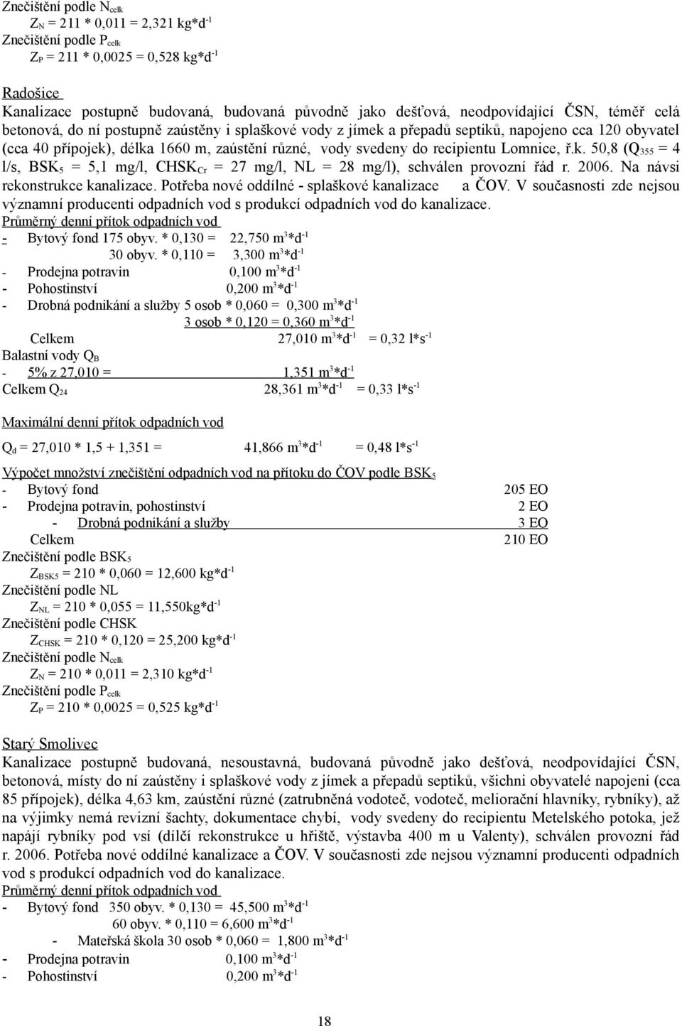 recipientu Lomnice, ř.k. 50,8 (Q 355 = 4 l/s, BSK 5 = 5,1 mg/l, CHSK Cr = 27 mg/l, NL = 28 mg/l), schválen provozní řád r. 2006. Na návsi rekonstrukce kanalizace.