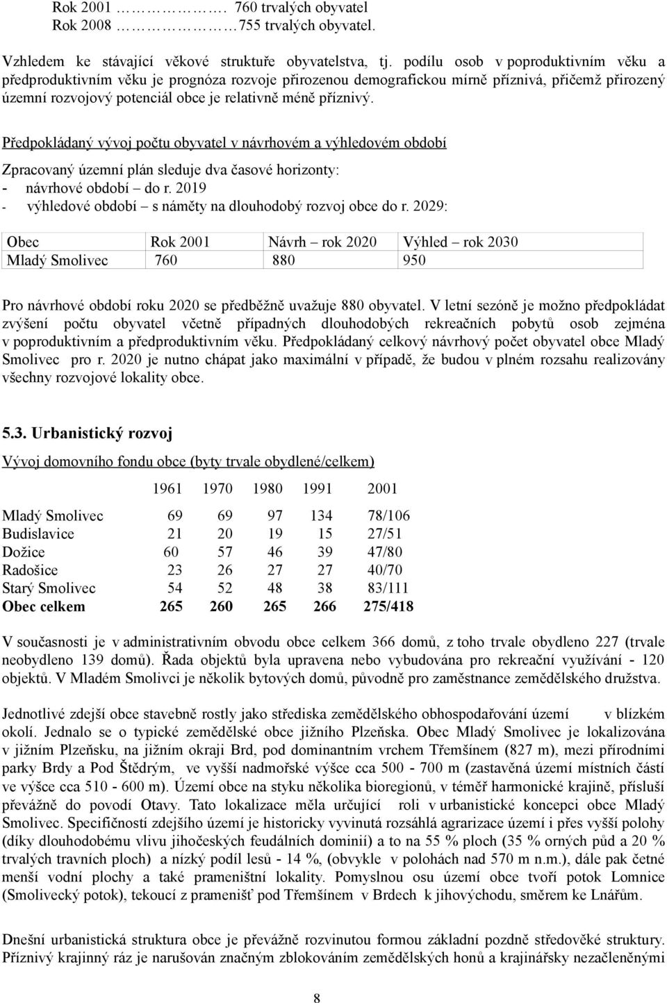 Předpokládaný vývoj počtu obyvatel v návrhovém a výhledovém období Zpracovaný územní plán sleduje dva časové horizonty: - návrhové období do r.