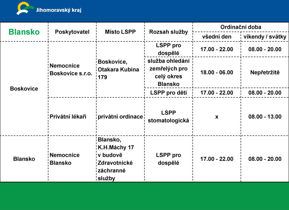 ohledání zemřelých pro celý okres všední den Ordinační doba víkendy / svátky 17.00-22.00 08.00-20.00 18.00-06.