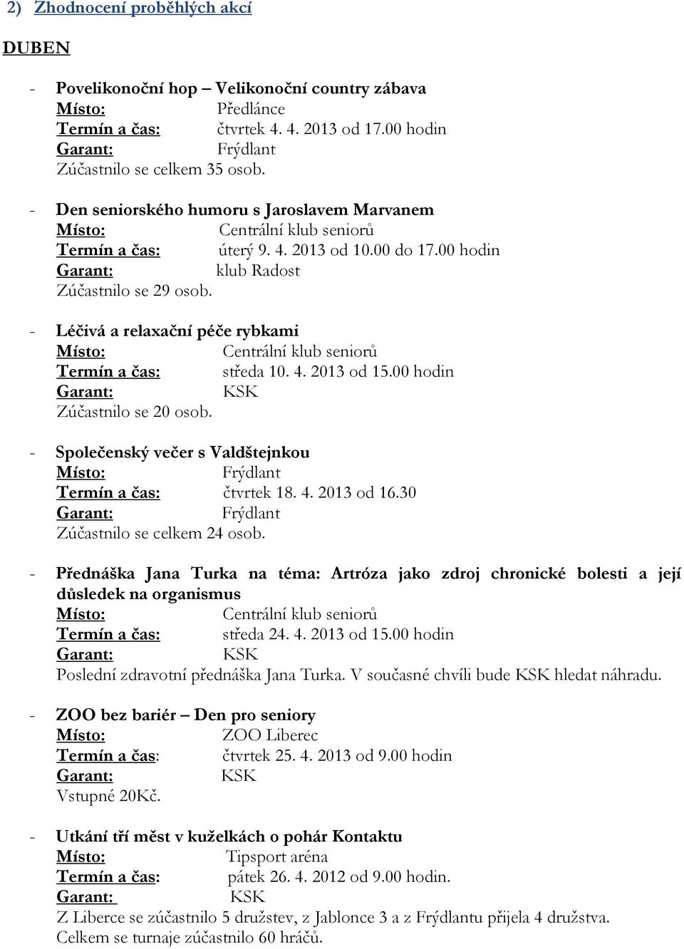 00 hodin Zúčastnilo se 20 osob. - Společenský večer s Valdštejnkou Termín a čas: čtvrtek 18. 4. 2013 od 16.30 Zúčastnilo se celkem 24 osob.