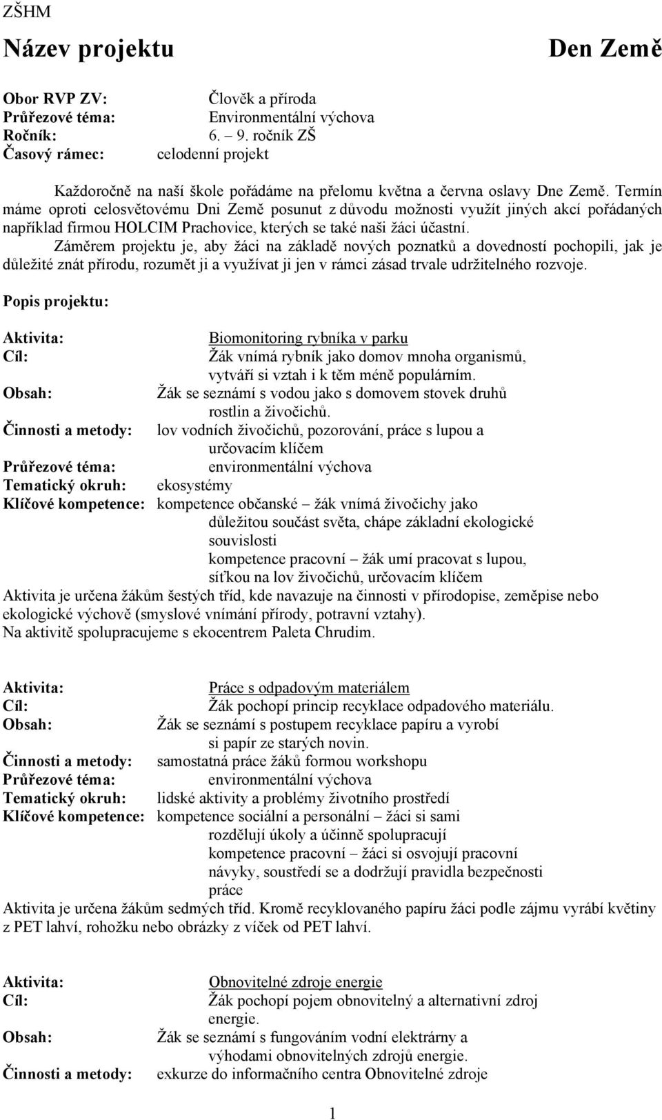 Termín máme oproti celosvětovému Dni Země posunut z důvodu možnosti využít jiných akcí pořádaných například firmou HOLCIM Prachovice, kterých se také naši žáci účastní.