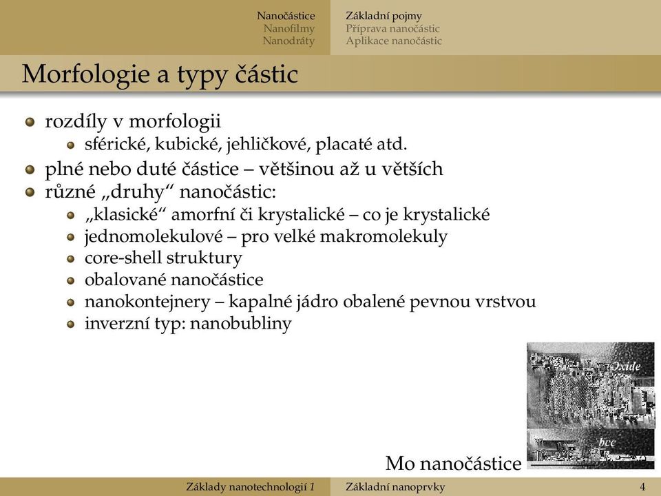 plné nebo duté částice většinou až u větších různé druhy nanočástic: klasické amorfní či krystalické co je krystalické