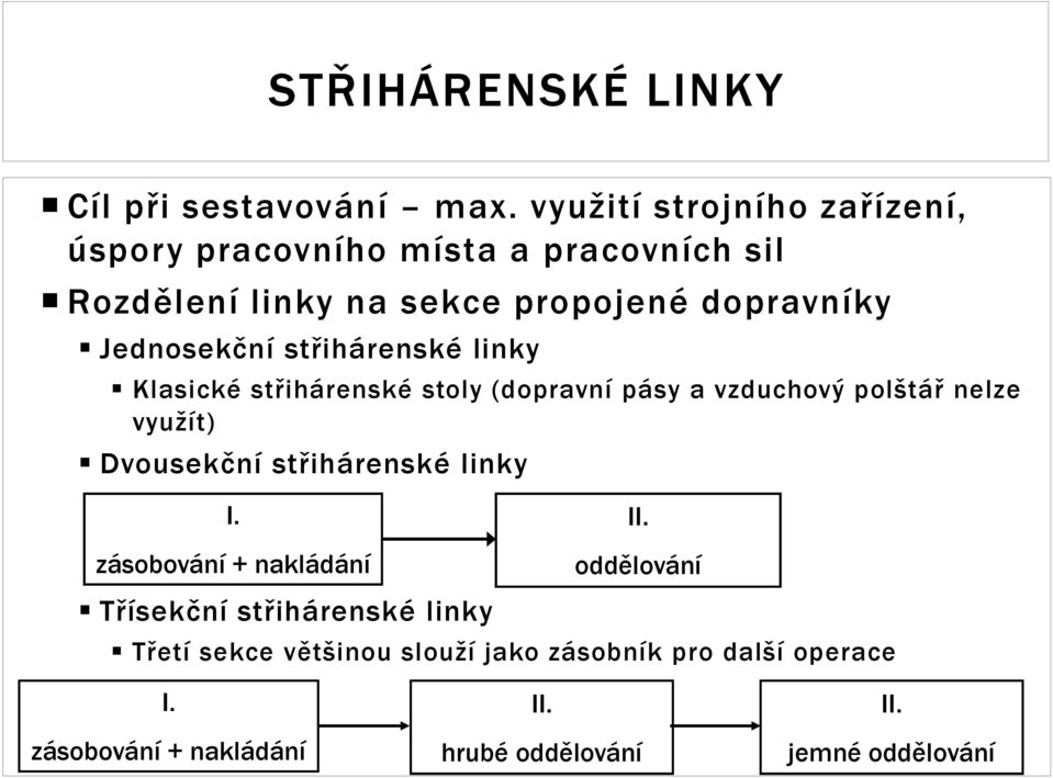 Jednosekční střihárenské linky Klasické střihárenské stoly (dopravní pásy a vzduchový polštář nelze využít) Dvousekční