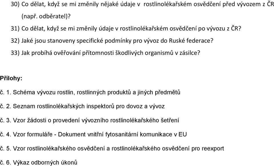 33) Jak probíhá ověřování přítomnosti škodlivých organismů v zásilce? Přílohy: č. 1. Schéma vývozu rostlin, rostlinných produktů a jiných předmětů č. 2.