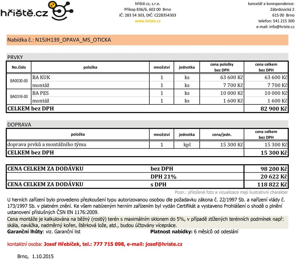 Kč CELKEM 82 900 Kč DOPRAVA položka doprava prvků a montážního týmu CELKEM množství jednotka cena/jedn.