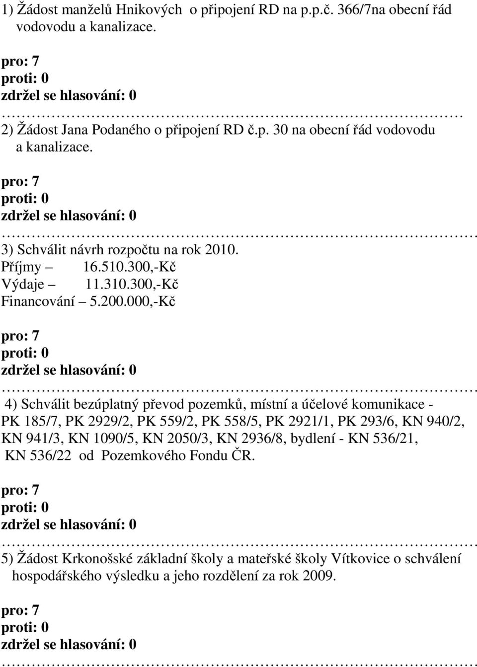 000,-Kč 4) Schválit bezúplatný převod pozemků, místní a účelové komunikace - PK 185/7, PK 2929/2, PK 559/2, PK 558/5, PK 2921/1, PK 293/6, KN 940/2, KN 941/3, KN