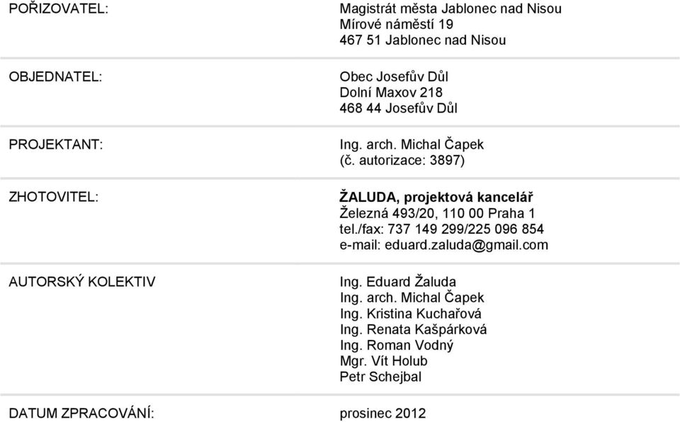 autorizace: 3897) ŽALUDA, projektová kancelář Železná 493/20, 110 00 Praha 1 tel.