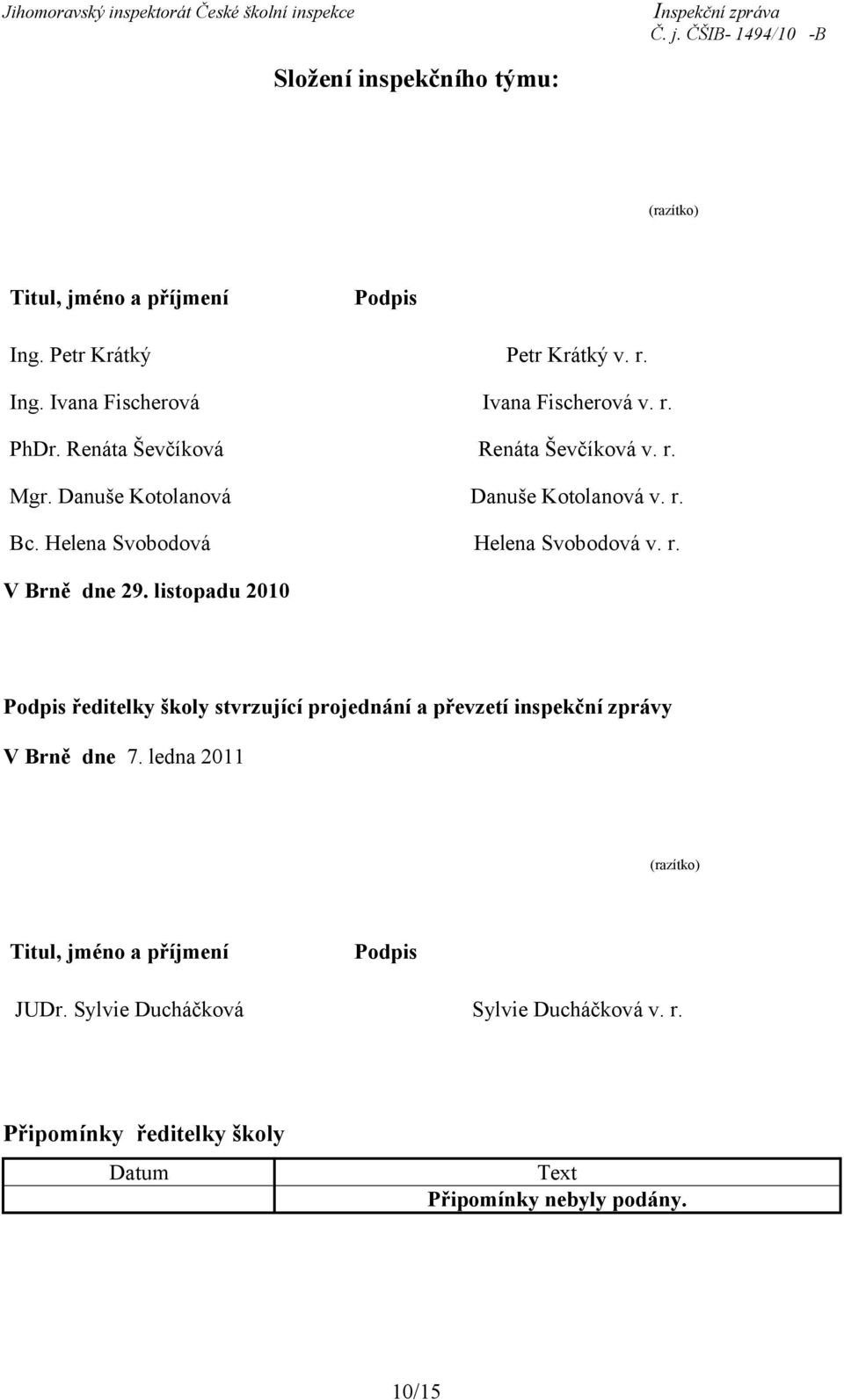 listopadu 2010 Podpis ředitelky školy stvrzující projednání a převzetí inspekční zprávy V Brně dne 7.