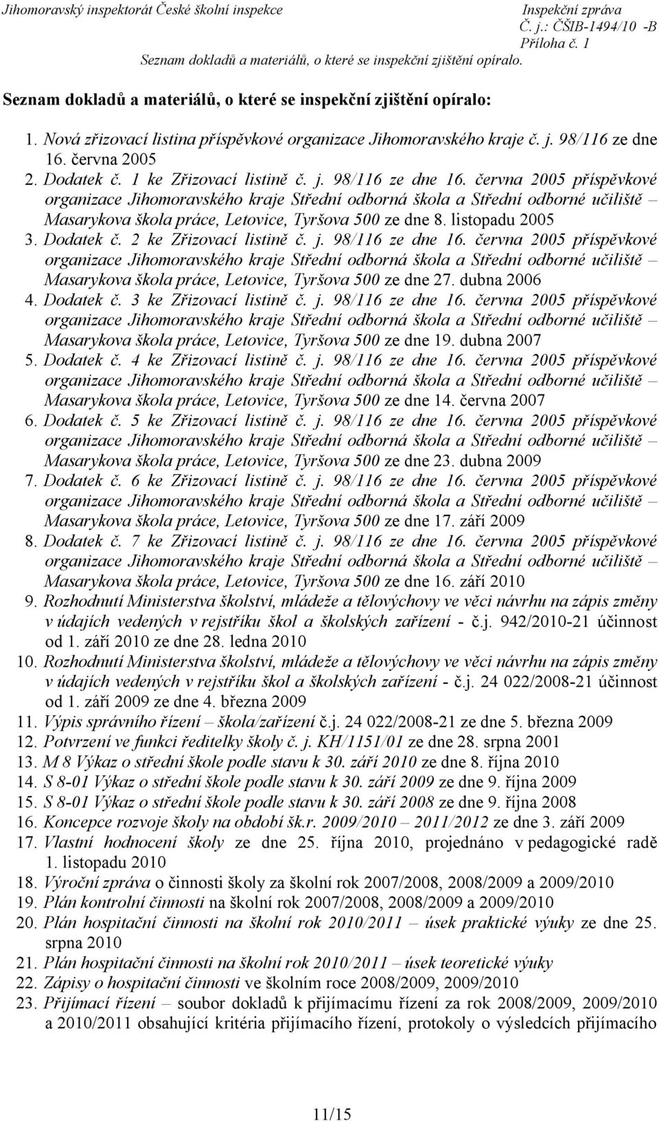 června 2005 2. Dodatek č. 1 ke Zřizovací listině č. j. 98/116 ze dne 16.