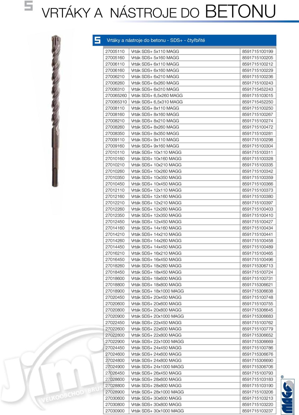 MAGG 51715103015 270065310 Vrták SDS+ 6,5x310 MAGG 51715452250 27000 Vrták SDS+ x0 MAGG 51715100250 2700160 Vrták SDS+ x160 MAGG 51715100267 2700210 Vrták SDS+ x210 MAGG 51715100274 2700260 Vrták