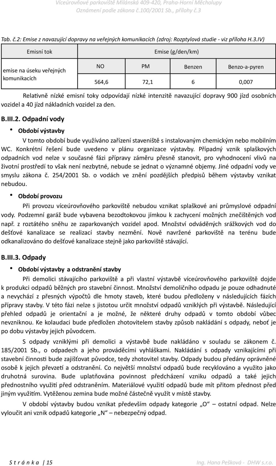 osobních vozidel a 40 jízd nákladních vozidel za den. B.III.2. Odpadní vody Období výstavby V tomto období bude využíváno zařízení staveniště s instalovaným chemickým nebo mobilním WC.