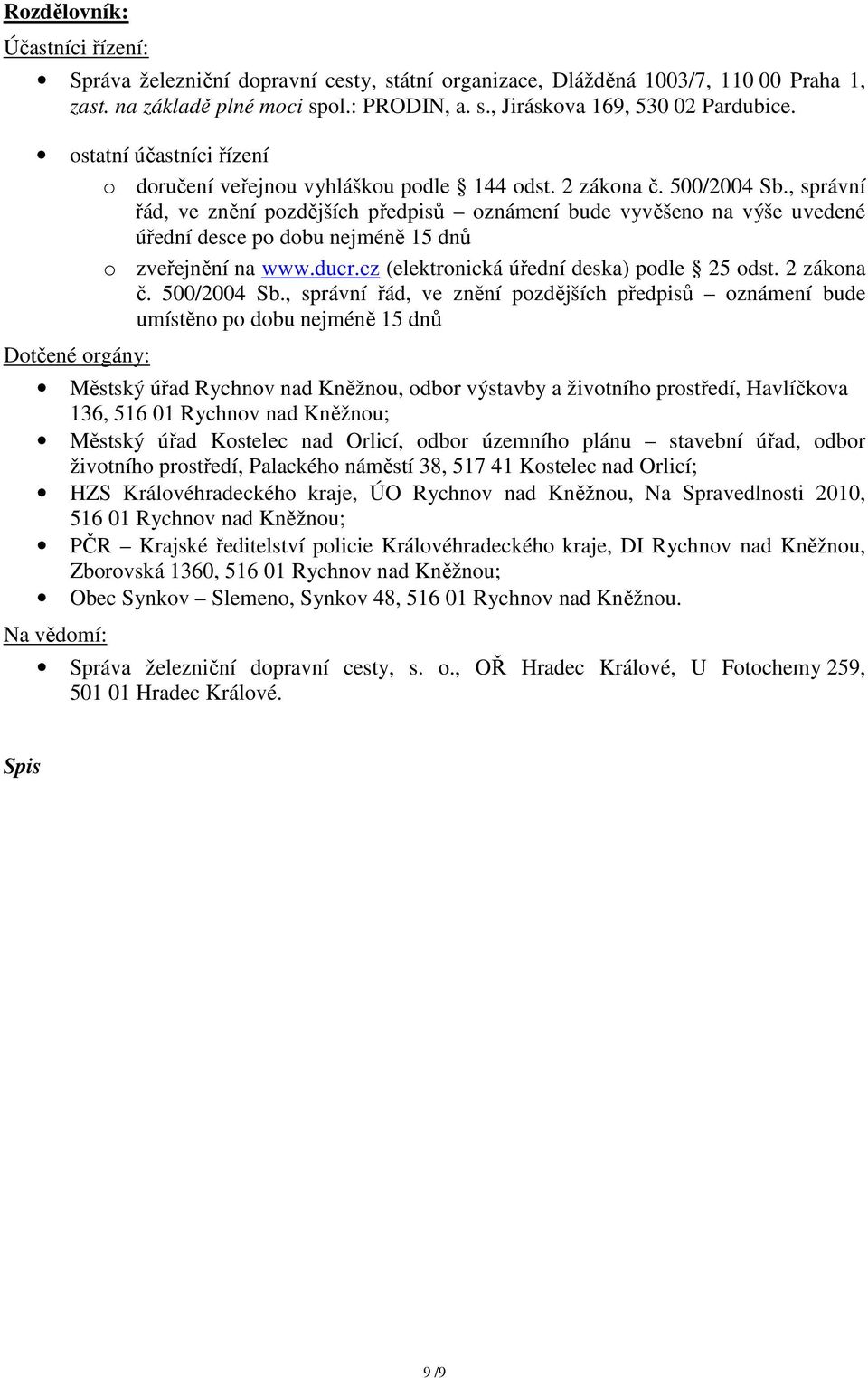 , správní řád, ve znění pozdějších předpisů oznámení bude vyvěšeno na výše uvedené úřední desce po dobu nejméně 15 dnů o zveřejnění na www.ducr.cz (elektronická úřední deska) podle 25 odst.