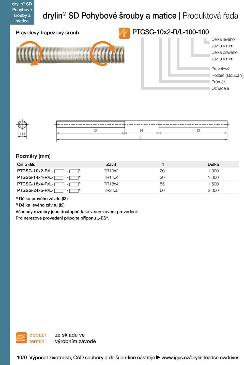 TR18x4 55 1,500 PTGSG-24x5-R/L- 1) - 2) TR24x5 60 2,000 1) Délka pravého závitu (l3) 2) Délka levého závitu (l2) Všechny rozměry jsou dostupné také v
