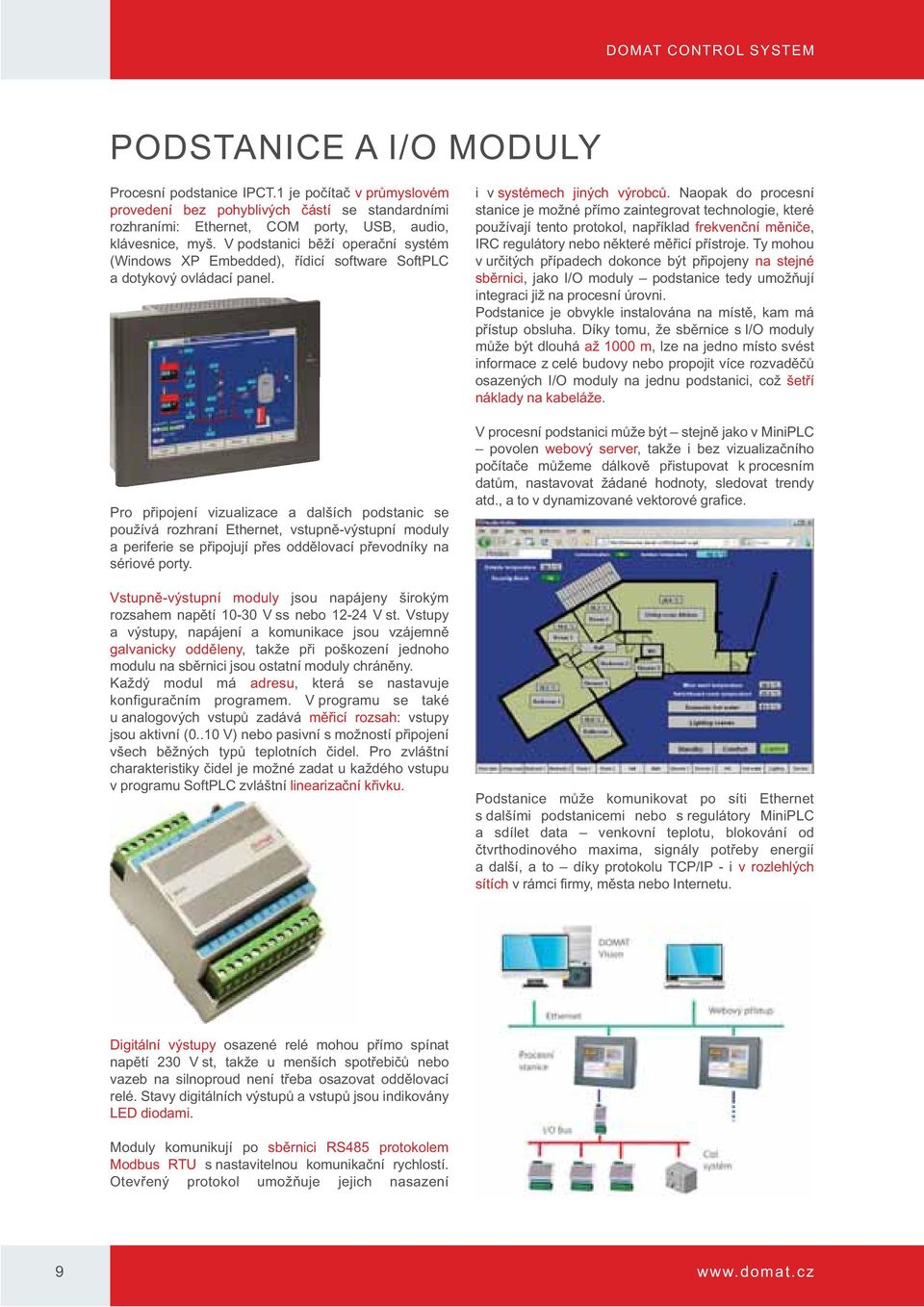 Pro připojení vizualizace a dalších podstanic se používá rozhraní Ethernet, vstupně-výstupní moduly a periferie se připojují přes oddělovací převodníky na sériové porty.