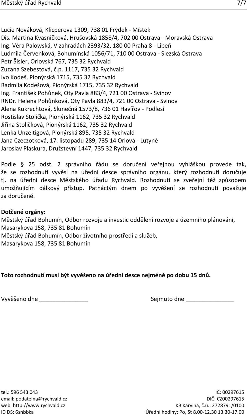 1117, 735 32 Rychvald Ivo Kodeš, Pionýrská 1715, 735 32 Rychvald Radmila Kodešová, Pionýrská 1715, 735 32 Rychvald Ing. František Pohůnek, Oty Pavla 883/4, 721 00 Ostrava - Svinov RNDr.