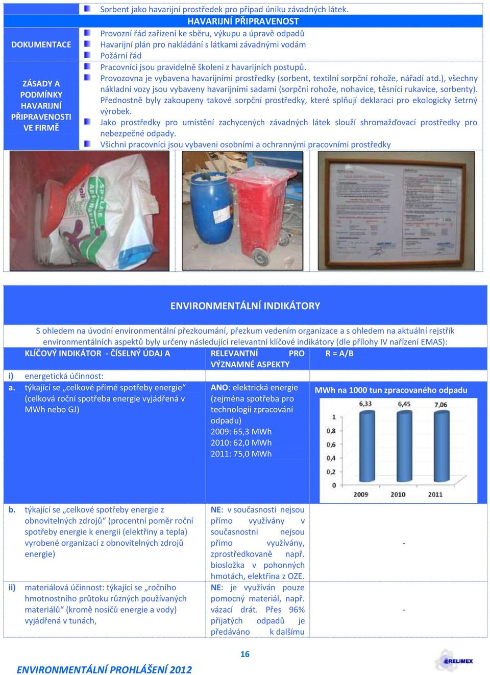 postupů. Provozovna je vybavena havarijními prostředky (sorbent, textilní sorpční rohože, nářadí atd.