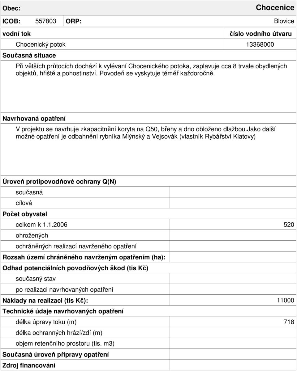 V projektu se navrhuje zkapacitnění koryta na Q50, břehy a dno obloženo dlažbou.