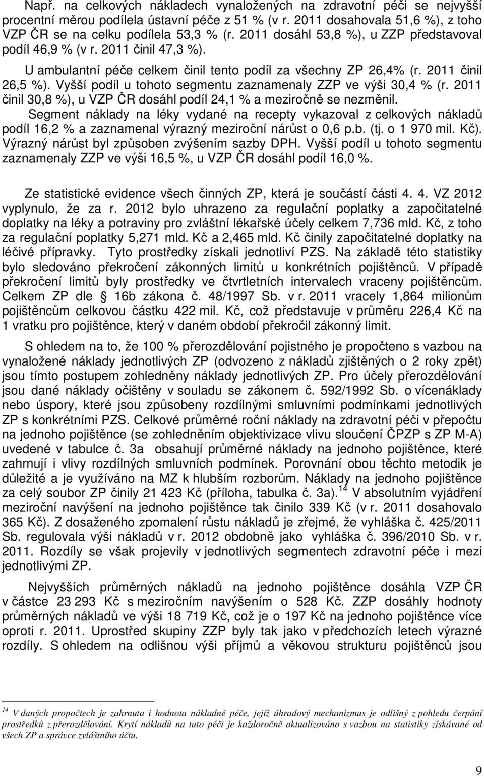 Vyšší podíl u tohoto segmentu zaznamenaly ZZP ve výši 30,4 % (r. 2011 činil 30,8 %), u VZP ČR dosáhl podíl 24,1 % a meziročně se nezměnil.