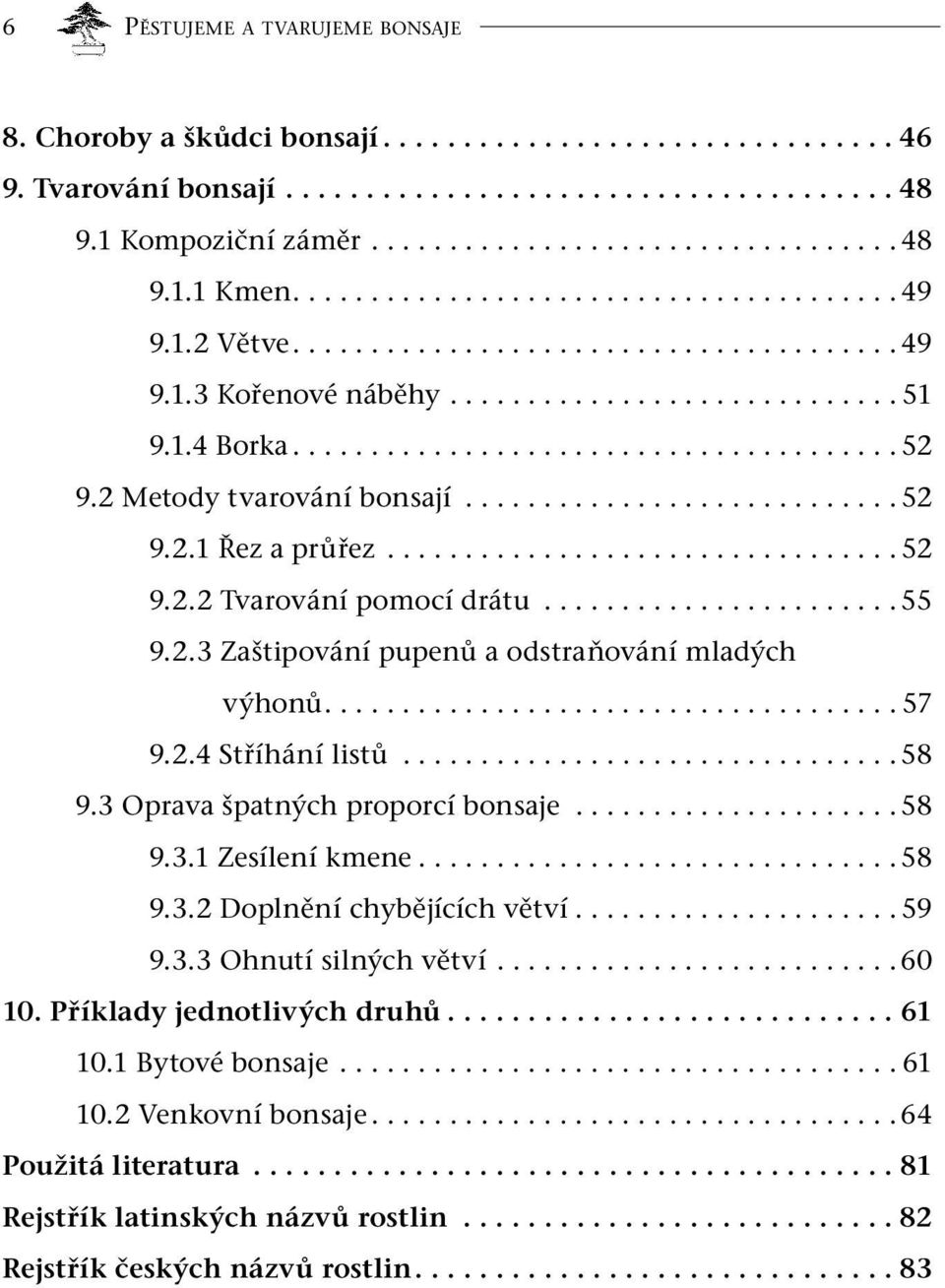 2 Metody tvarování bonsají............................ 52 9.2.1 Řez a průřez................................. 52 9.2.2 Tvarování pomocí drátu....................... 55 9.2.3 Zaštipování pupenů a odstraňování mladých výhonů.