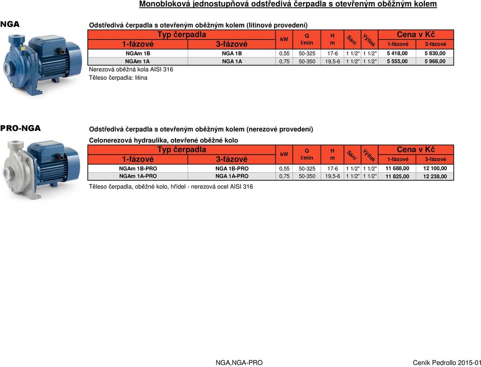 čerpadla s otevřený oběžný kole (nerezové provedení) Celonerezová hydraulika, otevřené oběžné kolo NGA 1B-PRO NGA 1A-PRO NGA 1B-PRO NGA 1A-PRO Těleso čerpadla, oběžné