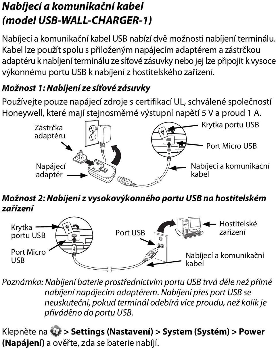 zařízení. Možnost 1: Nabíjení ze síťové zásuvky Používejte pouze napájecí zdroje s certifikací UL, schválené společností Honeywell, které mají stejnosměrné výstupní napětí 5 V a proud 1 A.