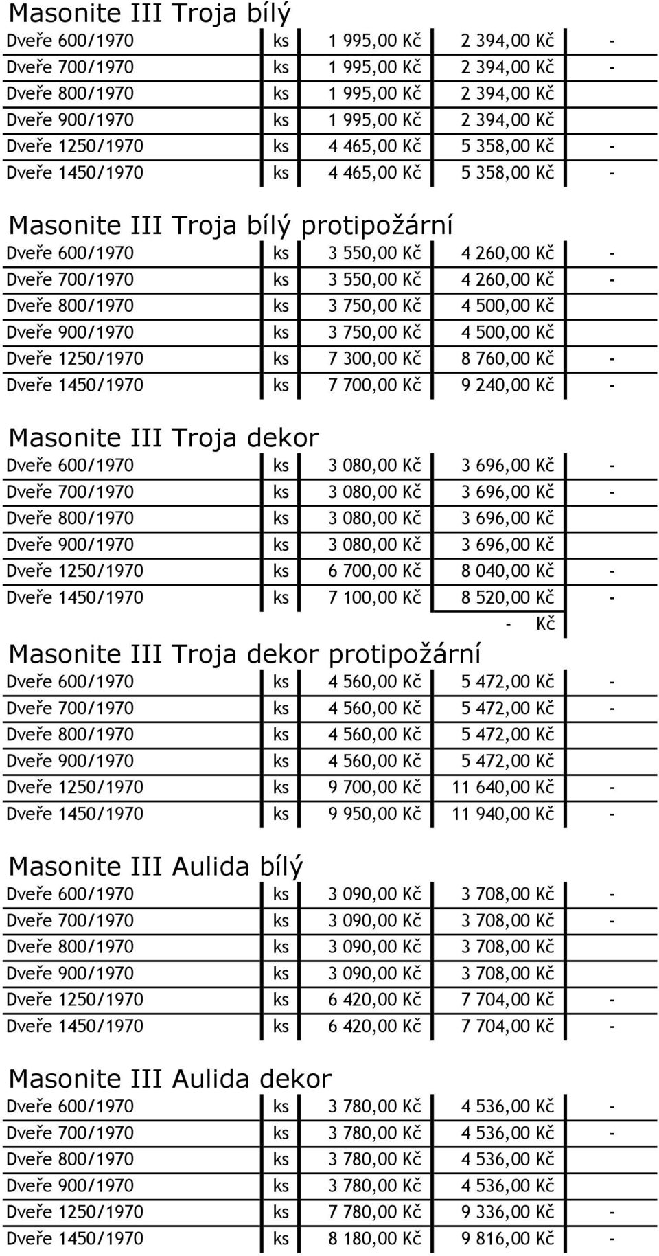 Kč 4 260,00 Kč - Dveře 800/1970 ks 3 750,00 Kč 4 500,00 Kč Dveře 900/1970 ks 3 750,00 Kč 4 500,00 Kč Dveře 1250/1970 ks 7 300,00 Kč 8 760,00 Kč - Dveře 1450/1970 ks 7 700,00 Kč 9 240,00 Kč - Masonite