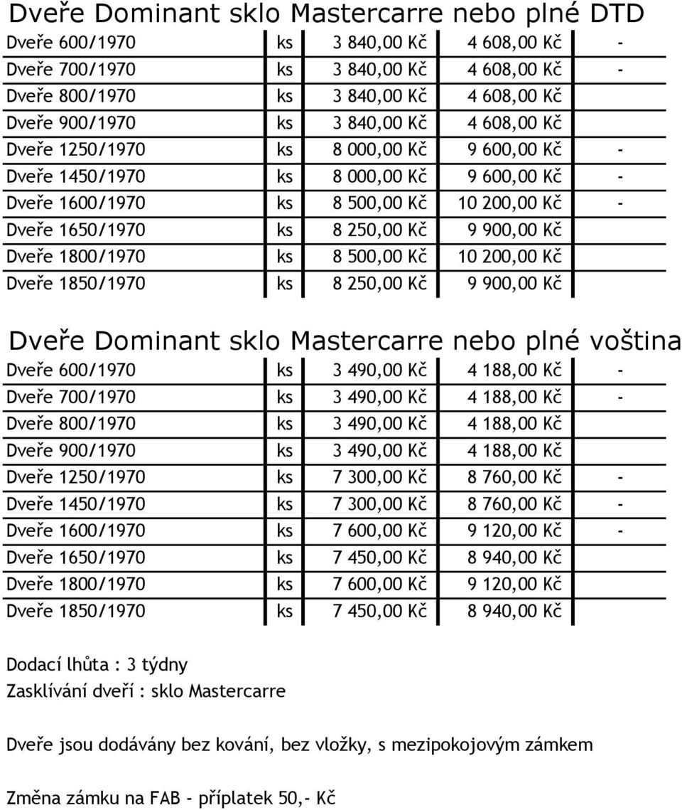 Kč Dveře 1800/1970 ks 8 500,00 Kč 10 200,00 Kč Dveře 1850/1970 ks 8 250,00 Kč 9 900,00 Kč Dveře Dominant sklo Mastercarre nebo plné voština Dveře 600/1970 ks 3 490,00 Kč 4 188,00 Kč - Dveře 700/1970