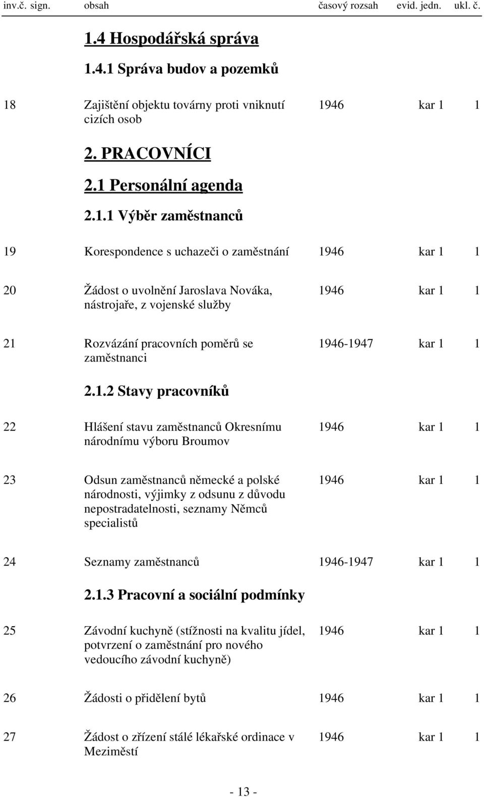 . Stavy pracovníků 946-947 kar Hlášení stavu zaměstnanců Okresnímu národnímu výboru Broumov 946 kar 3 Odsun zaměstnanců německé a polské národnosti, výjimky z odsunu z důvodu nepostradatelnosti,