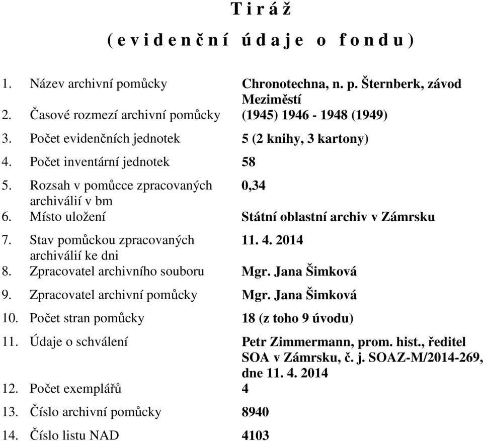 Místo uložení Státní oblastní archiv v Zámrsku 7. Stav pomůckou zpracovaných. 4. 04 archiválií ke dni 8. Zpracovatel archivního souboru Mgr. Jana Šimková 9.