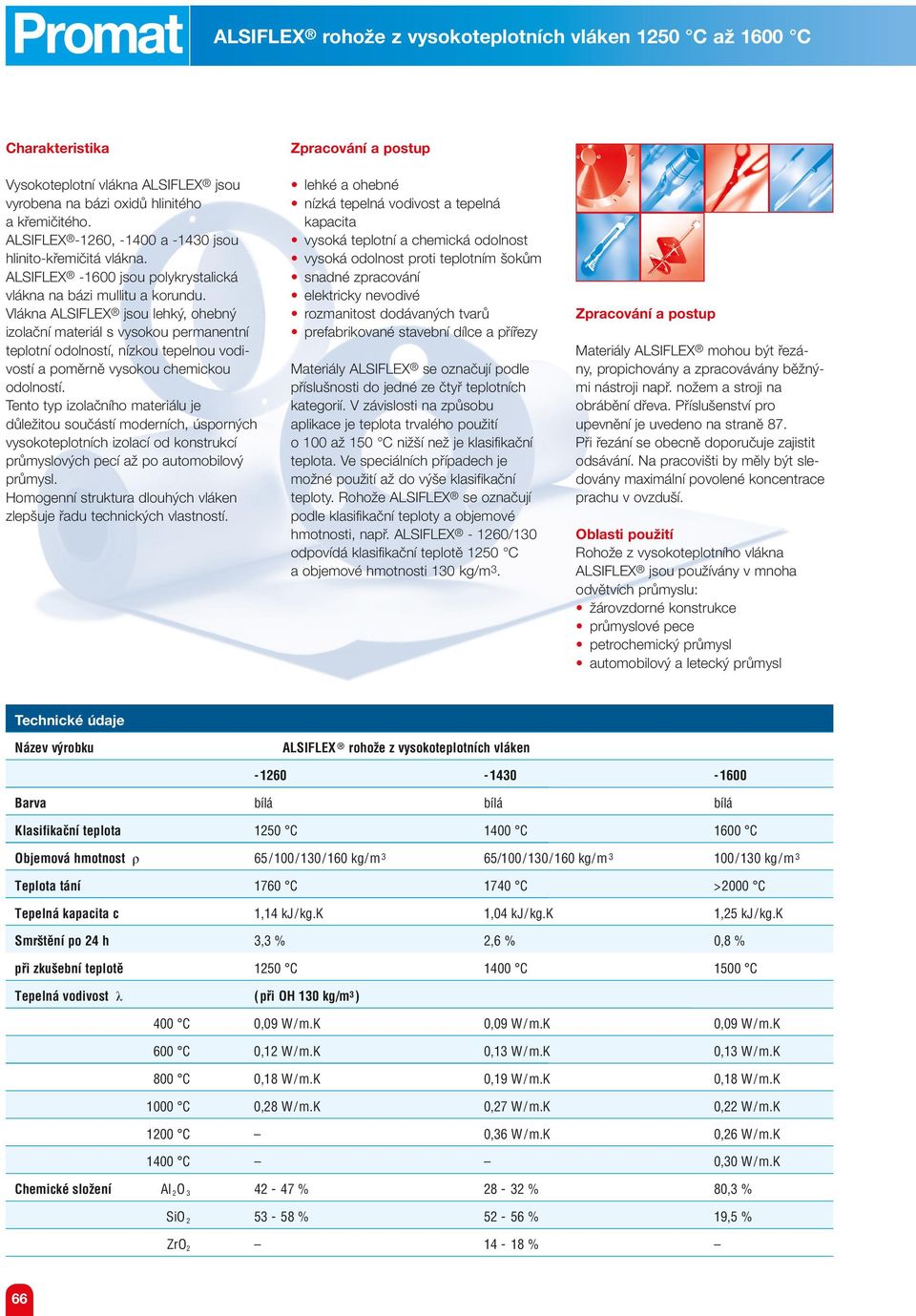 Vlákna ALSIFLEX jsou lehký, ohebný izolační materiál s vysokou permanentní teplotní odolností, nízkou tepelnou vodivostí a poměrně vysokou chemickou odolností.