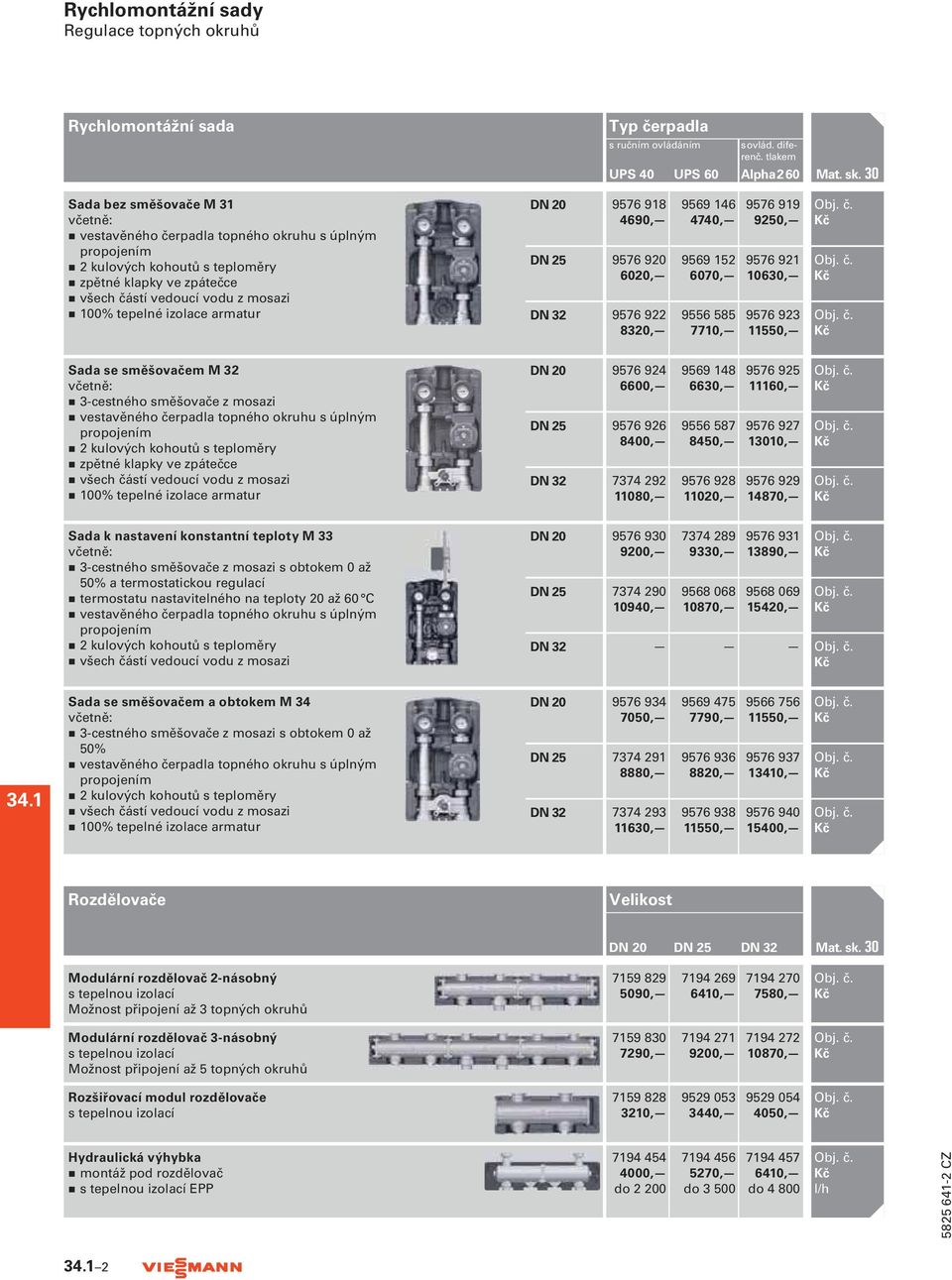 armatur DN 20 9576 918 4690, DN 25 9576 920 6020, DN 32 9576 922 8320, 9569 146 4740, 9569 152 6070, 9556 585 7710, 9576 919 9250, 9576 921 10630, 9576 923 11550, Sada se směšovačem M 32 včetně: