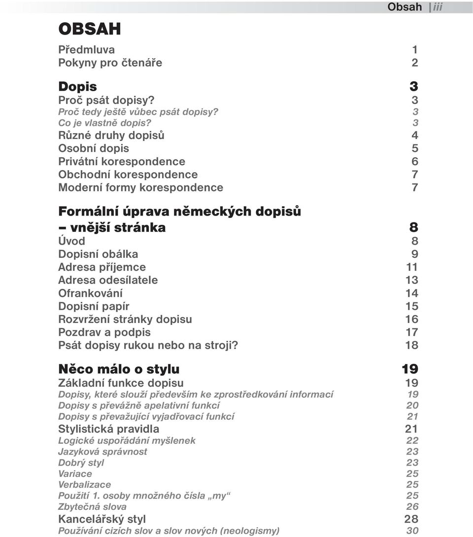 příjemce 11 Adresa odesílatele 13 Ofrankování 14 Dopisní papír 15 Rozvržení stránky dopisu 16 Pozdrav a podpis 17 Psát dopisy rukou nebo na stroji?