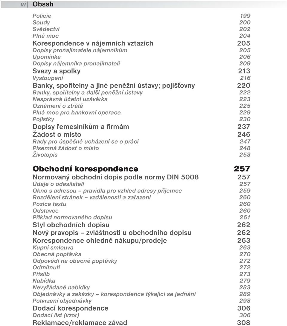 229 Pojistky 230 Dopisy řemeslníkům a firmám 237 Žádost o místo 246 Rady pro úspěšné ucházení se o práci 247 Písemná žádost o místo 248 Životopis 253 Obchodní korespondence 257 Normovaný obchodní