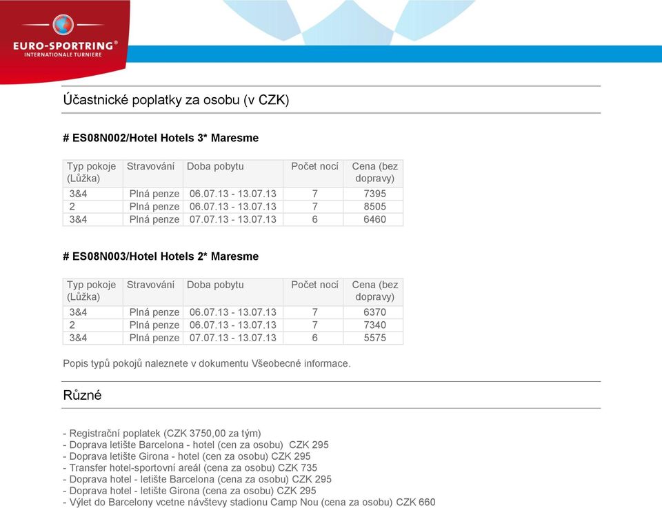 Různé - Registrační poplatek (CZK 3750,00 za tým) - Doprava letište Barcelona - hotel (cen za osobu) CZK 295 - Doprava letište Girona - hotel (cen za osobu) CZK 295 - Transfer hotel-sportovní areál