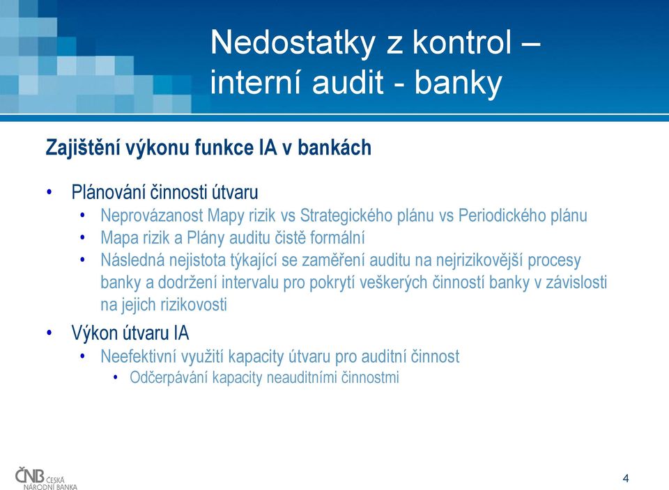 zaměření auditu na nejrizikovější procesy banky a dodržení intervalu pro pokrytí veškerých činností banky v závislosti na
