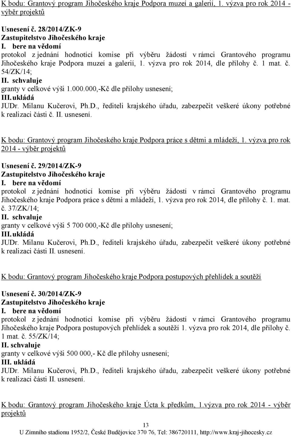 1 mat. č. 54/ZK/14; I granty v celkové výši 1.000.000,-Kč dle přílohy usnesení; I JUDr. Milanu Kučerovi, Ph.D., řediteli krajského úřadu, zabezpečit veškeré úkony potřebné k realizaci části č. II.