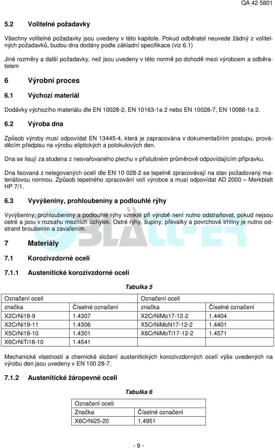 1 Výchozí materiál Dodávky výchozího materiálu dle EN 10028-2, EN 10163-1a 2 nebo EN 10028-7, EN 10088-1a 2. 6.