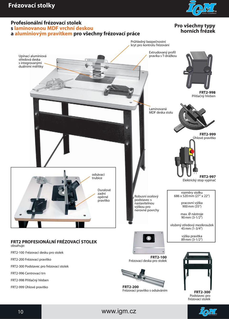 pravítko odsávací trubice FRT2-997 Elektrický stop vypínač FRT2 PROFESIONÁLNÍ FRÉZOVACÍ STOLEK obsahuje: FRT2-100 Frézovací desku pro stolek FRT2-200 Frézovací pravítko FRT2-300 Podstavec pro