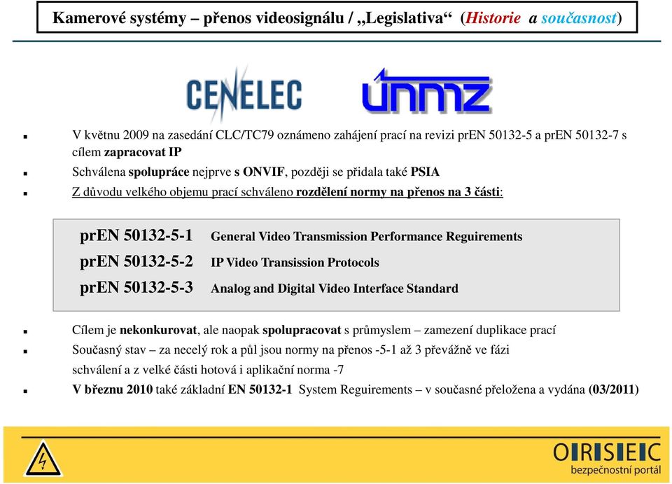 Video Transmission Performance Reguirements IP Video Transission Protocols Analog and Digital Video Interface Standard Cílem je nekonkurovat, ale naopak spolupracovat s průmyslem zamezení duplikace