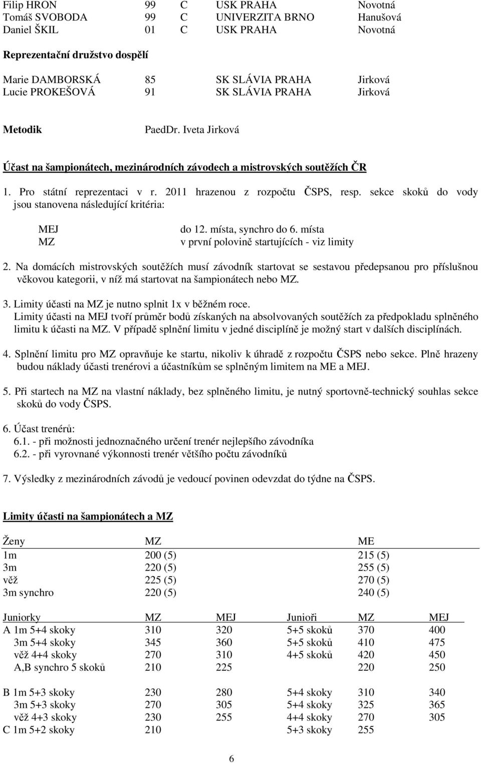 2011 hrazenou z rozpočtu ČSPS, resp. sekce skoků do vody jsou stanovena následující kritéria: MEJ MZ do 12. místa, synchro do 6. místa v první polovině startujících - viz limity 2.