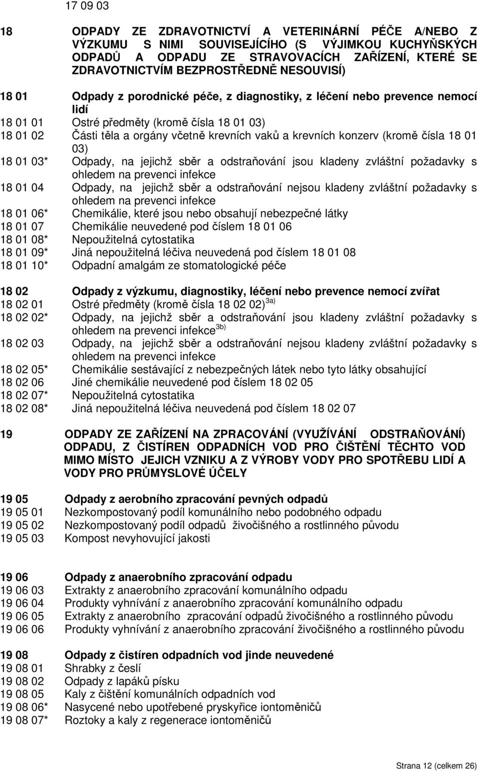 krevních konzerv (kromě čísla 18 01 03) 18 01 03* Odpady, na jejichž sběr a odstraňování jsou kladeny zvláštní požadavky s ohledem na prevenci infekce 18 01 04 Odpady, na jejichž sběr a odstraňování