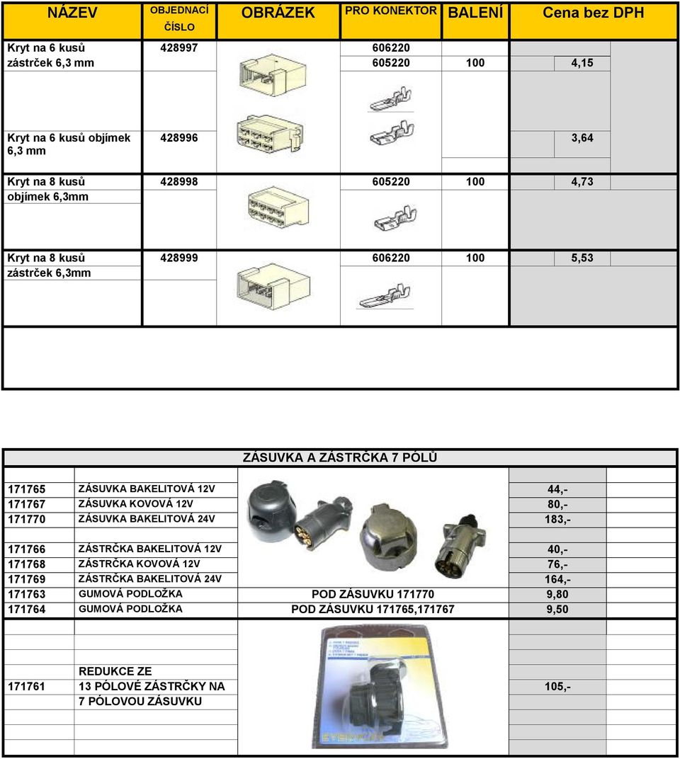 171767 ZÁSUVKA KOVOVÁ 12V 80,- 171770 ZÁSUVKA BAKELITOVÁ 24V 183,- 171766 ZÁSTRČKA BAKELITOVÁ 12V 40,- 171768 ZÁSTRČKA KOVOVÁ 12V 76,- 171769 ZÁSTRČKA BAKELITOVÁ 24V