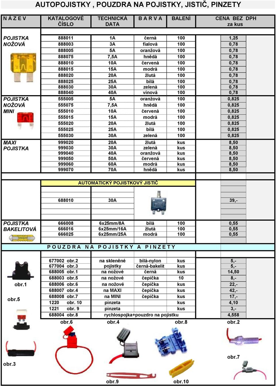 100 0,78 POJISTKA 555005 5A oranžová 100 0,825 NOŽOVÁ 555075 7,5A hnědá 100 0,825 MINI 555010 10A červená 100 0,825 555015 15A modrá 100 0,825 555020 20A žlutá 100 0,825 555025 25A bílá 100 0,825
