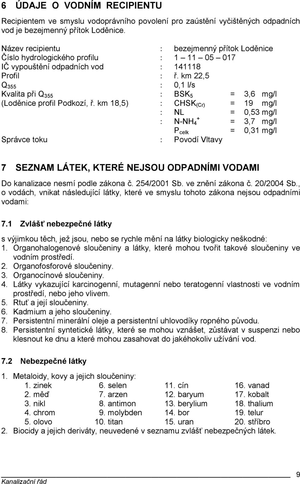 km 22,5 Q 355 : 0,1 l/s Kvalita při Q 355 : BSK 5 = 3,6 mg/l (Loděnice profil Podkozí, ř.