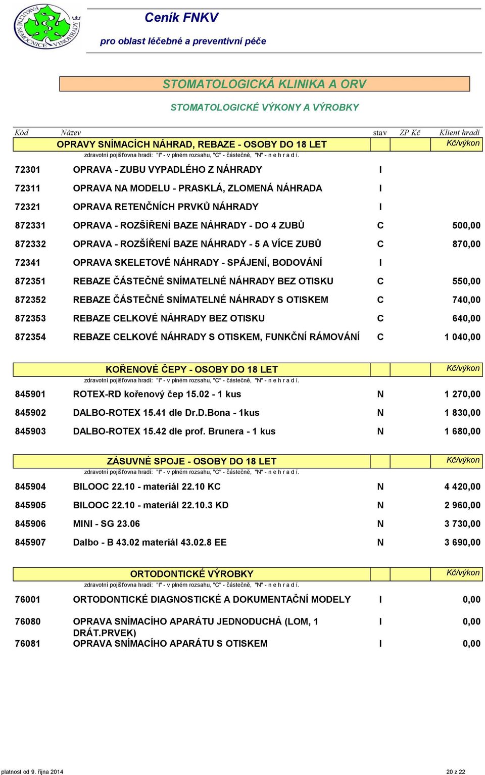ROZŠÍŘENÍ BAZE NÁHRADY - 5 A VÍCE ZUBŮ C 87 72341 OPRAVA SKELETOVÉ NÁHRADY - SPÁJENÍ, BODOVÁNÍ 872351 REBAZE ČÁSTEČNÉ SNÍMATELNÉ NÁHRADY BEZ OTSKU C 55 872352 REBAZE ČÁSTEČNÉ SNÍMATELNÉ NÁHRADY S