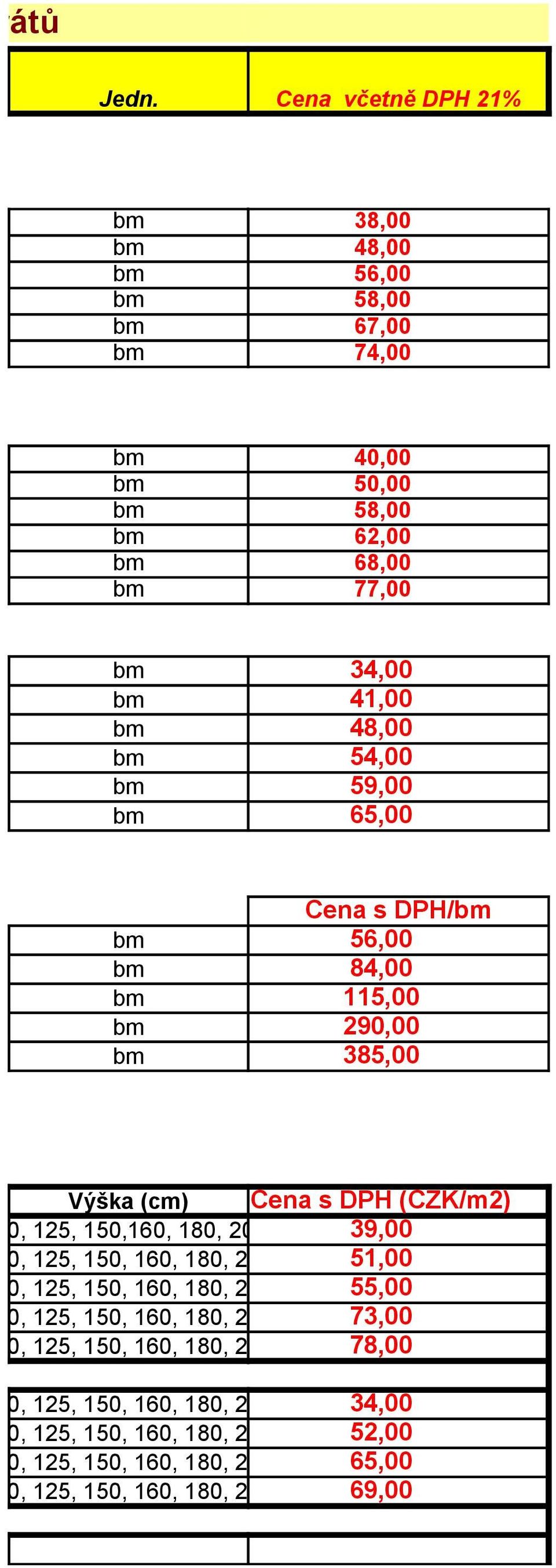 115,00 290,00 385,00 Výška (cm) (CZK/m2) 100, 125, 150,160, 180, 200 32,40 39,00 100, 125, 150, 160, 180, 200 42,70 51,00 100, 125, 150, 160,