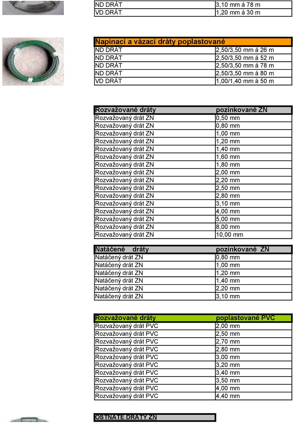 3,10 mm 4,00 mm 5,00 mm 8,00 mm 10,00 mm Natáčené dráty pozinkované ZN Natáčený drát ZN 0,80 mm Natáčený drát ZN 1,00 mm Natáčený drát ZN 1,20 mm Natáčený drát ZN 1,40 mm