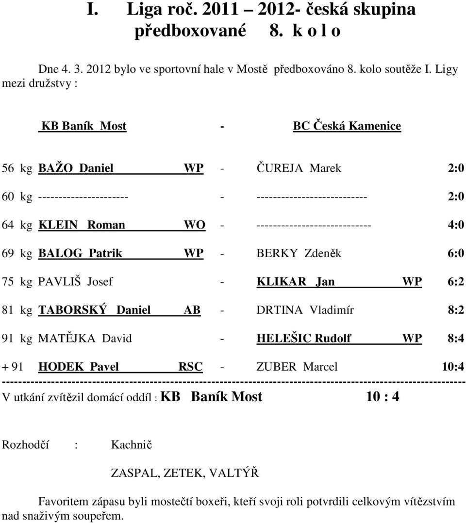---------------------------- 4:0 69 kg BALOG Patrik WP - BERKY Zdeněk 6:0 75 kg PAVLIŠ Josef - KLIKAR Jan WP 6:2 81 kg TABORSKÝ Daniel AB - DRTINA Vladimír 8:2 91 kg MATĚJKA David - HELEŠIC Rudolf WP
