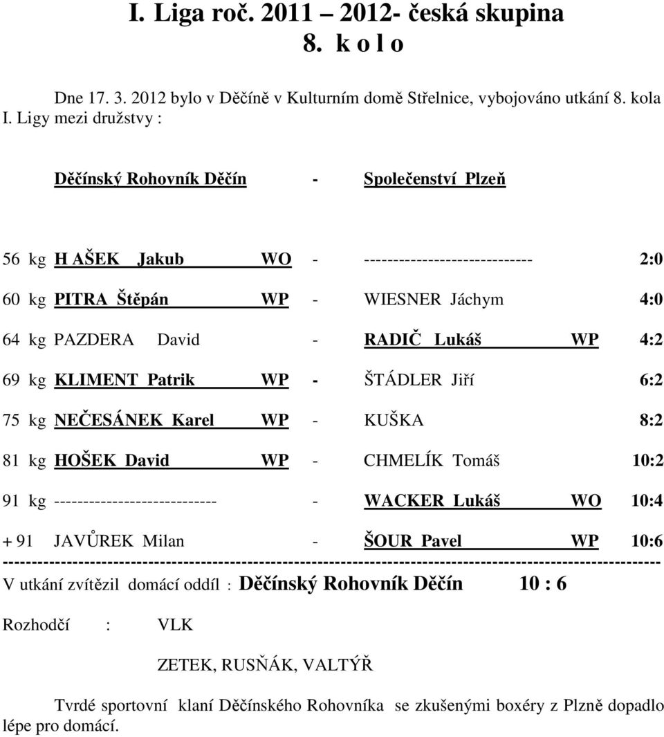 Lukáš WP 4:2 69 kg KLIMENT Patrik WP - ŠTÁDLER Jiří 6:2 75 kg NEČESÁNEK Karel WP - KUŠKA 8:2 81 kg HOŠEK David WP - CHMELÍK Tomáš 10:2 91 kg ---------------------------- - WACKER Lukáš WO 10:4 + 91